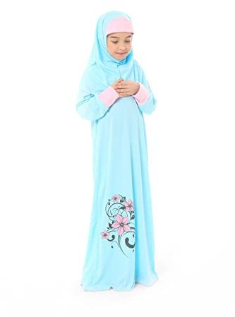 Elanesa Mädchen Gebetskleidung Kinder Islamische Kleidung Kleid Mädchen Zweiteilige Kleider Maxi Gebetskleid mit Ärmelbündchen, Hijab und Rosenkranz Geschenk Blumen gedruckt (100,4-5, Türkis)