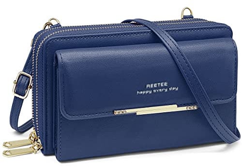 Sac Téléphone Portable Femme RFID Blocage Portefeuille Femmes Petit Sac Bandoulière Grande Capacite Porte Monnaie Femme en Cuir Pochette Telephone Portable avec Porte-Cartes etBandoulière (bleu marin)