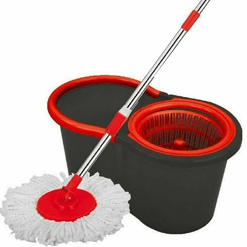 Spin Mop & Bucket Set Black Microfibre Head With Metal Adjustable Handle 81cm-110cm