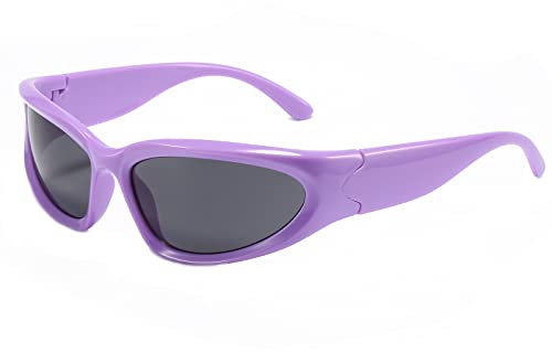 YUELUQU Y2K Wrap Around Occhiali da sole Uomo Donna Futuristico Sport All'aperto Parasole UV400 Occhiali, Montatura viola/lenti grigie, Medium
