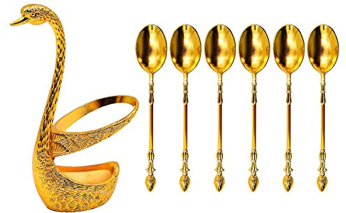 VOANZO Teaspoons Set of 6 with Tea Spoon Rest Gold Swan Spoon Rest for Coffee Spoons Tea Spoon Dessert Spoon