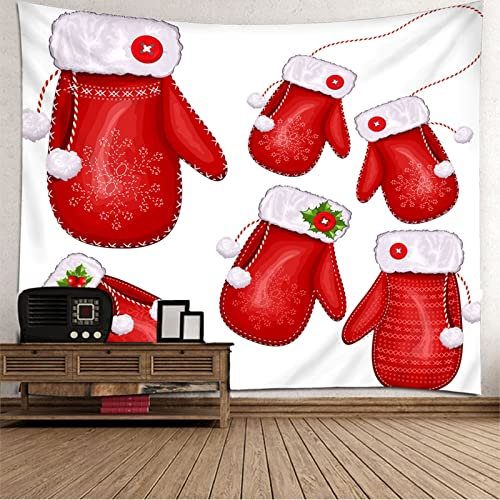 AMDXD Tapisserie Wandbehang 350x256CM, Christmas Handschuh Muster Tapisserie Bedspread in Weiches Polyester Digitaldruck für Schlafzimmer, Weiß Rot