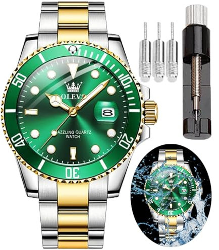 OLEVS Armbanduhr für Herren, wasserdicht, blaues Zifferblatt, luxuriös, zweifarbig, Edelstahl-Armbanduhr mit Tagesdatum, modisch, klassisch, Silberfarben/goldfarben/grünes Zifferblatt, Armband