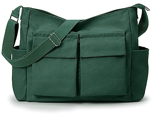 KALIDI Canvas-Tragetasche, Kuriertasche, große Crossbody-Tasche für Damen oder Herren, lässige Canvas-Umhängetasche für College, Arbeit, Alltag, Dunkelgrün