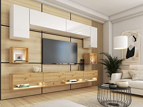 BROMARKT Premium Wohnwand Wohnzimmer Set 8 Teile – Wohnzimmer Schrank - Wohnzimmer Möbel mit Wandschrank und TV Schrank – Wohnwand Modern - Wohnzimmerschrank Komplett Möbel - Hochglanz Weiß