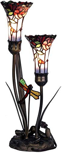 Bieye L30620 Lily Flowers and Libelle Tiffany-Stil Buntglas-Akzent-Tischlampe, 19 Zoll hoch