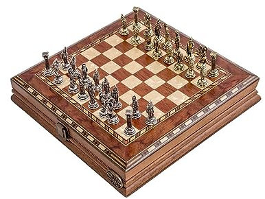 Helena Wood Art, Handgefertigtes Holz Schachbrett mit Aufbewahrungssystem, Schachfiguren aus Metall, Deluxe Edition, Schachspiel, Schachset, 25 x 25 cm