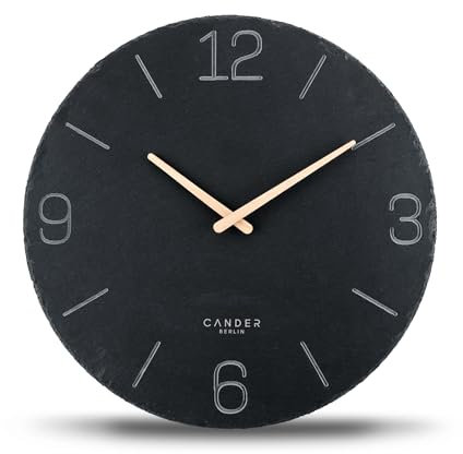 Cander Berlin MNU 2245 H XXL Designer Wanduhr Schiefer lautlos ohne Tickgeräusche 45 cm groß Holz-Zeiger Naturstein analog