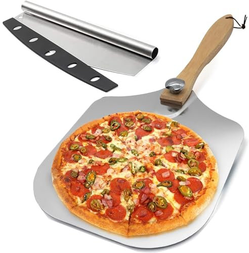 Pizza Peel 12 x 14 Inch Pizza Paddle Aluminum Metal Pizza Shovel with Foldable Wood Handle Easy Storage Pizza Kit with Cutter Rocker