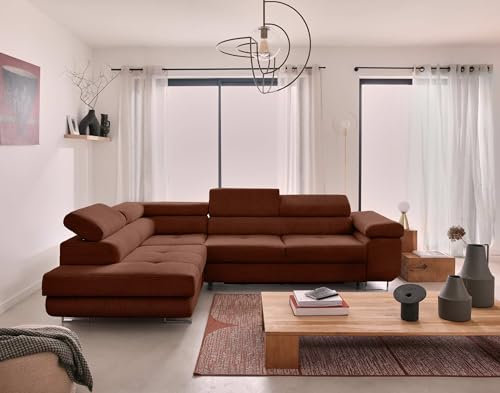 Bestmobilier Zaria – Ecksofa Links – mit Schlaffunktion und Bettkasten sowie verstellbaren Kopfstützen – 5-Sitzer – aus Cord Terrakotta