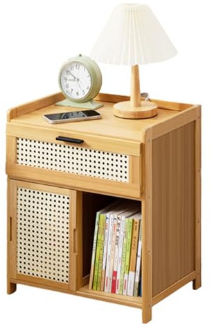 NOIRDA Table De Nuit en Rotin Tiroir avec Porte Coulissante, Table D'appoint en Bambou 42 × 31 × 50 Cm avec Armoire De Rangement, pour Chambre À Coucher Salon(Color:Wood Color)
