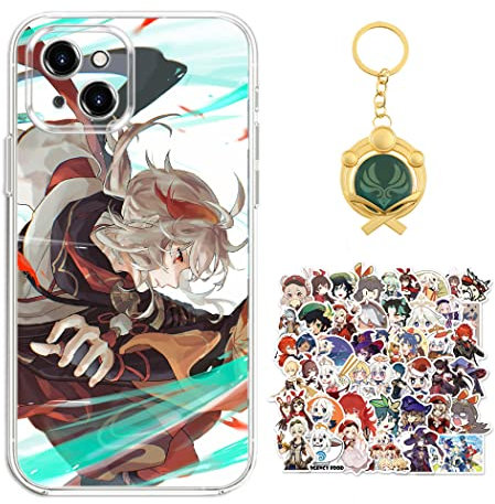 Staremeplz Genshin Impact Hülle für iPhone 15 Pro Anime Spiel Kazuha Handyhülle [Mit Schlüsselbund und 50pcs Aufkleber] Cartoons Transparent Silikon Case Hülle für iPhone 15 Pro