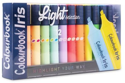 Colourbook - Set di 12 Evidenziatori Iris, Anti Dry Out Technology, Inchiostro a base d'acqua, Design ergonomico, Punta a scalpello, Evidenziatori multicolore