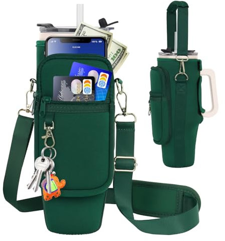 Sac de transport pour bouteille d'eau avec poche pour téléphone compatible avec gobelet Stanley/Meoky de 1,2 l avec poignée, pochette en néoprène avec sangle réglable, compatible avec les accessoires