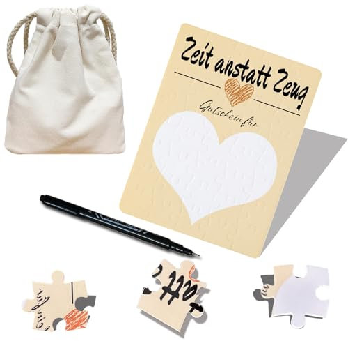Gutschein Puzzle, Zeit anstatt Zeug, Gutschein zum Selber Ausfüllen, Personalisierte Geschenke Idee, Gutscheinkarte zum Selbstgestalten, Geburtstagskarte,mit Baumwoll-Säckchen und Marker,20-Teilig