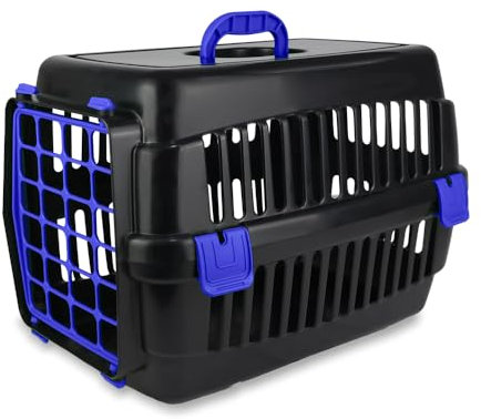 Robuste Katzen-Transportbox | Strapazierfähige Hartschalen-Katzenbox aus Hartplastik | Schlagfeste Kunststoffbox für Katzen (Schwarz-Blau)