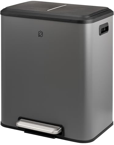 eluno Poubelle à pédale - 2 compartiments d'une capacité de 15 litres chacun, seau intérieur amovible en plastique, poignées latérales, grande pédale, système de tri sélectif (Gris)