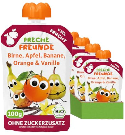 FRECHE FREUNDE Bio Quetschie Birne, Apfel, Banane, Orange & Vanille, Fruchtmus mit Obst im Quetschbeutel für Babys ab dem 6. Monat, vegan, 6er Pack (6 x 100g)