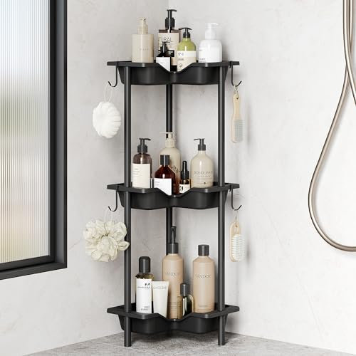 Orimade 3 Stück Ecke Duschregal Stehend Rostfrei,Duschablage Bodenstehend, Kunststoff-Metall-Verbindungen Duschkörbe Stand für Badezimmer, 10 x 10 x 27.7 inches Schwarz