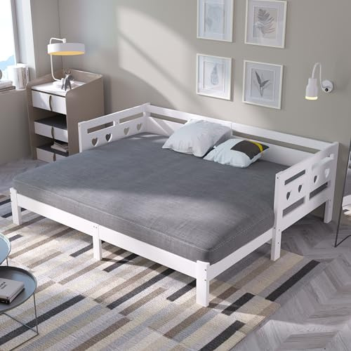 HAINEW Tagesbett Ausziehbar Bett Schlafsofa mit Armlehne und Rückenlehne, Holzbett Sofabett Couchbett Daybed Funktionsbett Jugendbett Einzelbett Gästebett, Herzförmige Dekoration (Weiß, 90 × 200cm)