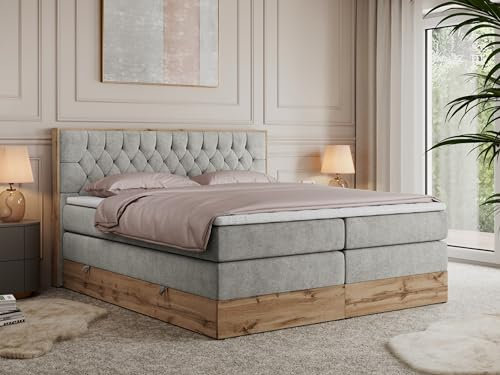 MKS MEBLE King Boxspringbett 160x200 mit Bettkasten und Kopfteil, Bonell Polsterbett mit Matratze H4 und Topper T25, Bett mit Holzrahmen in Wotan Eiche - Hellgrau Struktur - Amore King