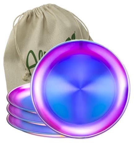 AllEco® Edelstahl Camping Teller Set 4 Stk. 20cm Ø Picknick & Camping Geschirr Set 4 Personen Edelstahlteller Outdoor Campingküche Campinggeschirr plastikfrei (4 Teller - rainbow - 20cm-Ø)