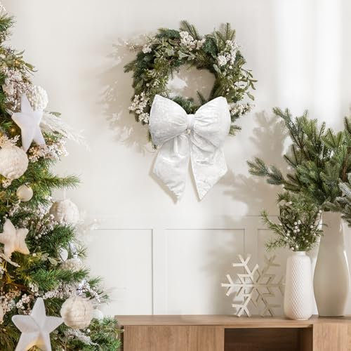 ITART 2 Pezzi Fiocco Imbottito in Velluto Bianche Grandi 41cm Decorazione Natalizia per Albero e Ghirlanda Dietro Porta (Bianco, L)