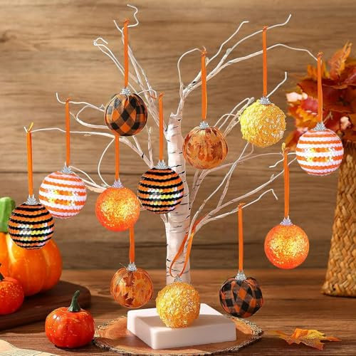 Herbst Deko zum Aufhängen,12 Stück Herbstdeko Schaum Kugeln,Kürbis Ahornblatt Hängend Ornament für Baum Herbstdeko Thanksgiving Halloween Innen und Draußen