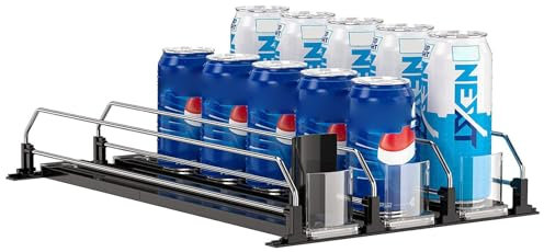 Gevvnss 3 Reihen 31cm Automatisch Kühlschrank Organizer Dosen,Kühlschrank Organizer Getränke,Einstellbare Breite,Dosen Organizer für Getränke Bier Soda,Stauraum: 15 Dosen,Schwarz