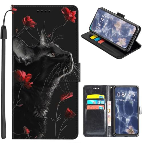 U.DARELIKE Cover per Samsung Galaxy A25 5G Custodia Pelle Portafoglio a Libro Gatto Nero Fiore Rosso Disegni Cute Slot Schede Magnetica Supporto Flip Case per Samsung Galaxy A25 5G