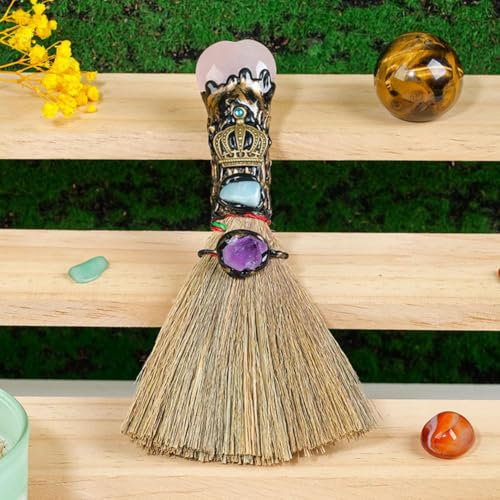 HFSAZJ Halloween Witches Broom Decorative, Halloween Hanging Props, Rock Crystal Cinnamon Broom, Handmade Ritual Magic Ceremonial For Cleansing Healing (pink)