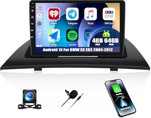 4G+64G CAMECHO Android 13 Autoradio für BMW X3 E83 2004-2012 mit Wireless Carplay Android Auto Mirror Link, 9 Zoll Auto Bildschirm mit GPS WiFi Bluetooth FM/RDS Radio SWC + AHD Rückfahrkamera&MIC