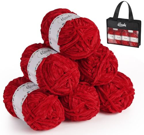 ilauke 6 x 50 g Chenille Garn, Samt Chenille Wolle zum Häkeln und Stricken mit Nadeln mit Häkelzubehör und Handtasche, Babywolle zum Stricken Weich für Schals, Decken, Kuscheltiere, Häkelwolle Rot
