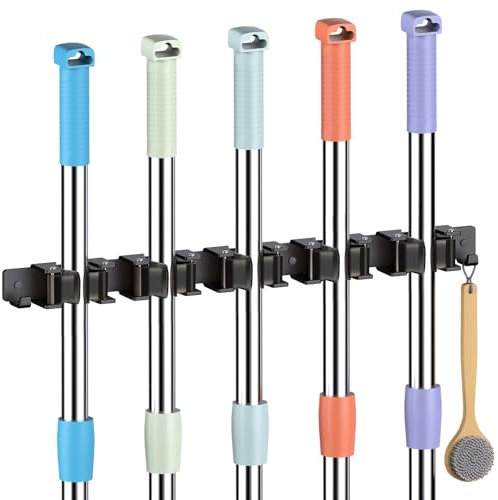 Oamwrae 5 Schlitzen Besenhalterung Wand mit 2 Haken, Besenhalter aus Edelstahl, Robuster Wandhalterung Besen für Badezimmer, Küche, Schrank, Garten und Garage, Werkzeugaufbewahrung, Schwarz