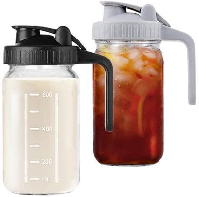 Hniuyun 2 Pack Milk Pitcher Jug, 32oz Airtight Glass Wide Mouth Mason Jar with Pour Spout Lid for Breastmilk, Iced Tea, Cold Brew Coffee, Juice Storage Container (Black&Gray)