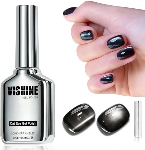 Vishine Glassy Cat Eye Gel Nail Polish, 16ml Icy Translucent Black Glitter Holographic Gel Polish with Magnet, Reflective Icy Black #419