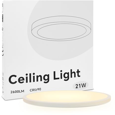 BAYHT LED Deckenleuchte Flach 30x30cm 21W 2600LM 3000K - Ultraflache Rund Deckenlampe Badezimmer 17mm Dicke - Modernes Deckenlicht Weiß für Badezimmer/Küche/Flur/Balkon/Schlafzimmer/Keller