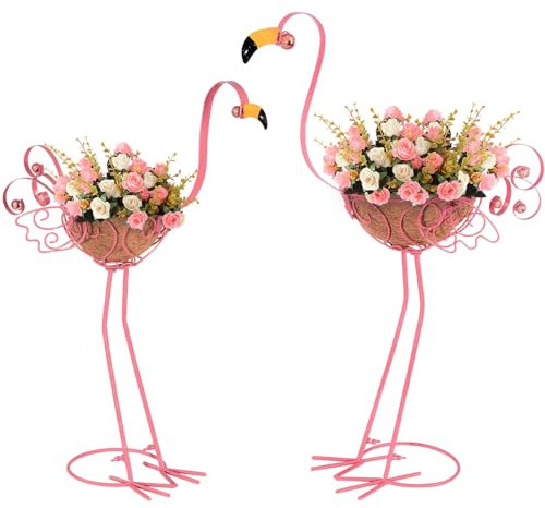 Velibobo 2 macetas de flamenco rosa con cesta, jardineras de metal para interior y exterior, decoración de patio