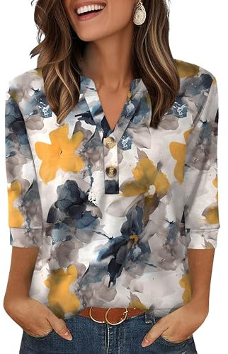 Aokosor Womens 3/4 Sleeve Tops Ladies Blouse V Neck Tunic Long Sleeve T Shirts Curved Hem Office Wear Blue Yellow Floral Plus Size 18-20 for UK