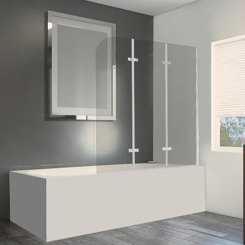 Peviasot Parete Vasca 120 x 140 cm, Parete Doccia per Vasca Pieghevole a 3 Ante, Schermo Vasca in Vetro di Sicurezza ESG 6 mm, Orientabile 180°, Profilo Argento, Vetro Trasparente