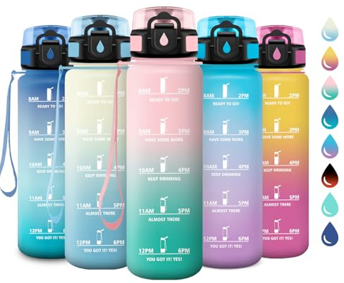 Wasserflasche Sport 1L, Kohlensäure Geeignet, Auslaufsicher Trinkflasche mit Filter, Motivierende Wasserflasche mit Zeitmarkierung, Sportflasche für Bergsteigen, Camping, Reisen, Picknick, Yoga