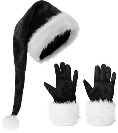 FakeFace Lange Plüsch Weihnachtsmütze und Handschuhe Set für Erwachsene, Warme Nikolausmütze Weihnachtsmann Santa Mütze mit Dickem Fellrand für Festliche Weihnachtsfeiern Unisex (Schwarz)