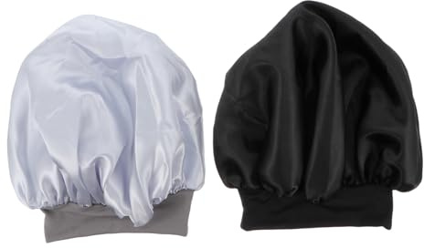 CIYODO Elastische Schlafmütze Mit Breitem Band Weiche Kopfbedeckung Für Haare Leichtes Material Für Ganztägigen Halt 2 Stück Schwarz Silber