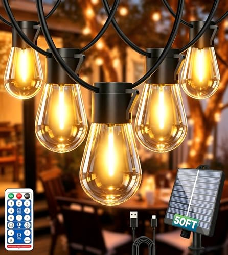 LITOHOM Solar Festoon Lights Outdoor,15M/50FT Solar Powered Garden String Lights with Remote, 20 Shatterproof IP65 Waterproof S14 Bulbs,Dimmable,4 Modes Outside Lights for Gazebo Graden Backyard