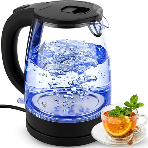Retoo - Hervidor de cristal de 1,7 l 2200 W, calefacción flash, iluminación interior LED azul, base 360°, apagado automático, acero inoxidable, ahorro de energía, filtro antical