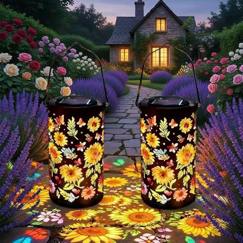 Colorful Sunflower Glow Solar Garden Lantern, 2 Stück Sonnenblumen Solarlampen für Außen, Sunflower Solar Gartenleuchte Metall, Hängeleuchte Wasserdichte für Hof, Gartenwege, Garten, Dekoration