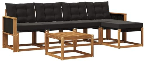 vidaXL Outdoor-Sofagarnitur mit Kissen 6 pcs Natürlich und Schwarz, Gartenmöbel, modernes Outdoor-Sofa, modulare Sitzgruppe für Terrasse und Lounge, langlebig und bequem