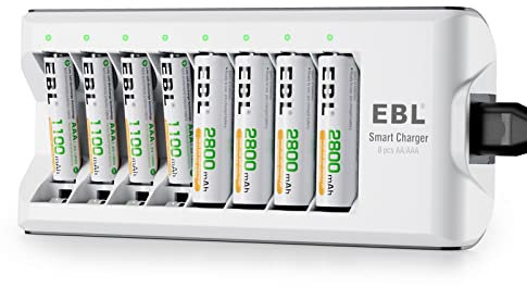 EBL Chargeur de Piles 8 Slots, avec 4PCS Piles Rechargeables AA 2800mAh et 4PCS AAA 1100mAh Ni-MH, Chargeur de Piles Rechargeables 8 Slots