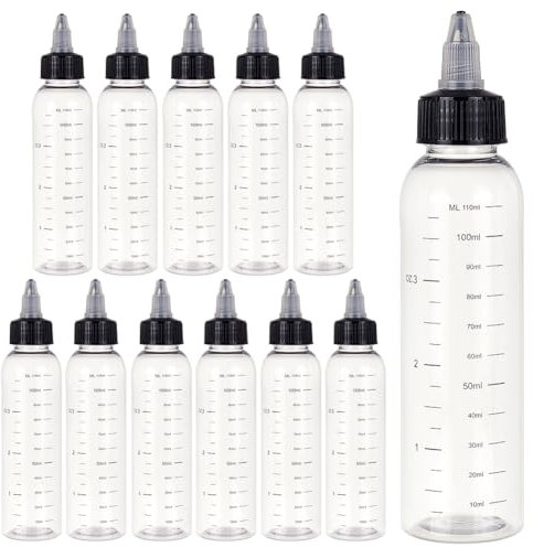 BENECREAT 12PCS Échelle de 110 ML Flacons en Plastique vides à Presser avec Un Capuchon Twist Noir Bouteilles graduées distributrices à Presser pour Encre Liquide, huiles, gels, Colle