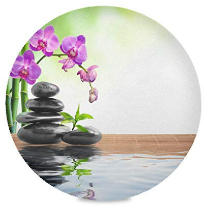 TropicalLife HaJie Tischset aus Bambus-Stein, Orchidee, japanischer Zen, rutschfest, hitzebeständig, rund, für Zuhause, Urlaub, Party, Essen, Dekoration
